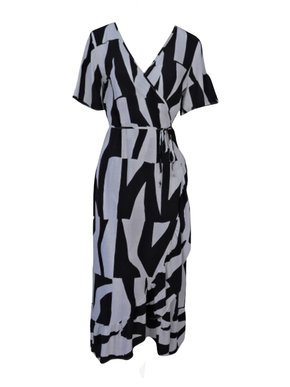 Vestido Envelope Midi Manga Curta V566T Vila Flor Gelo e Preto