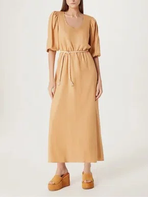 Vestido Feminino Midi Em Linho Com Amarração Hahl Hering Bege Escuro