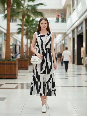 Vestido Midi Feminino Adulto Sem Manga Plus Size Estampado V224T Vila Flor Preto e Branco