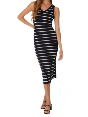 Vestido Midi Feminino Decote V Listrado 1000123823 Malwee Preto e Branco