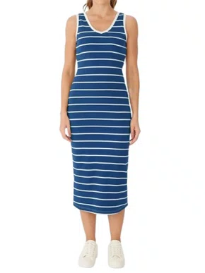 Vestido Midi Feminino Decote V Listrado 1000123823 Malwee Azul e Branco